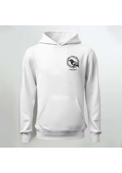 Kuş Desenli Kapüşonlu Sweatshirt Hoodie Kalın Kumaş 3 Iplik Şardonlu