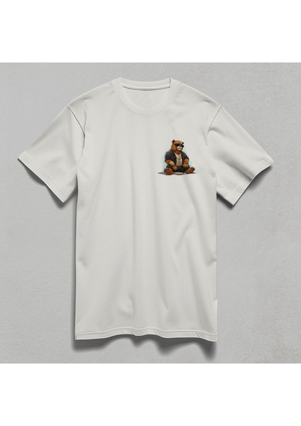 Oturan Ayı Baskılı Yarım Kollu Bisiklet Yaka Pamuk Oversize T-Shirt
