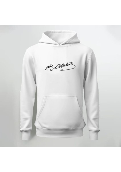 Mustafa Kemal Atatürk Imza Baskılı Beyaz Kapüşonlu Sweatshirt Hoodie Kalın Kumaş 3 Iplik Şardonlu