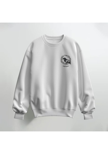 Kuş Deseni Baskılı Bisiklet Yaka Sweatshirt Kalın Kumaş 3 Iplik
