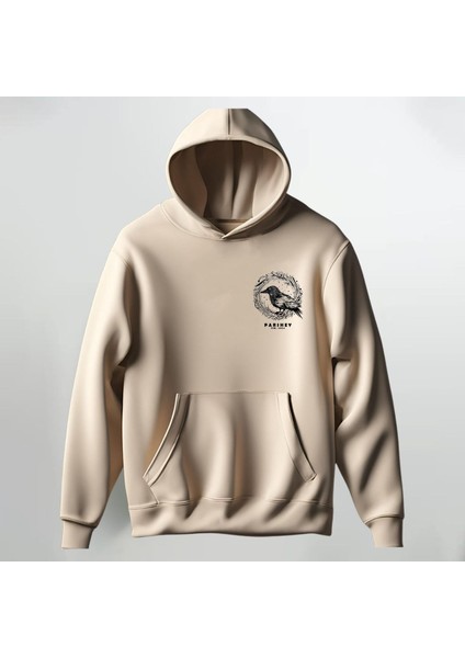 Kuş Desenli Kapüşonlu Sweatshirt Hoodie Kalın Kumaş 3 Iplik Şardonlu