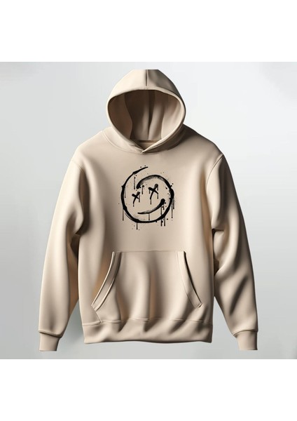 Gülen Surat Baskılı Kapüşonlu Sweatshirt Hoodie Kalın Kumaş 3 Iplik Şardonlu