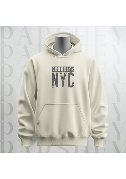 Brooklyn Nyc Baskılı Kapüşonlu Sweatshirt Hoodie Kalın Kumaş 3 Iplik Şardonlu