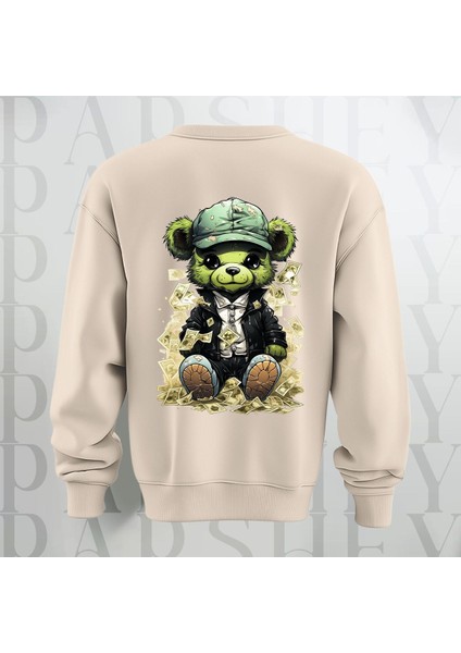 Zengin Teddy Sırt Baskılı Bisiklet Yaka Sweatshirt 3 Iplik Şardonlu Oversize Kalıp Unisex