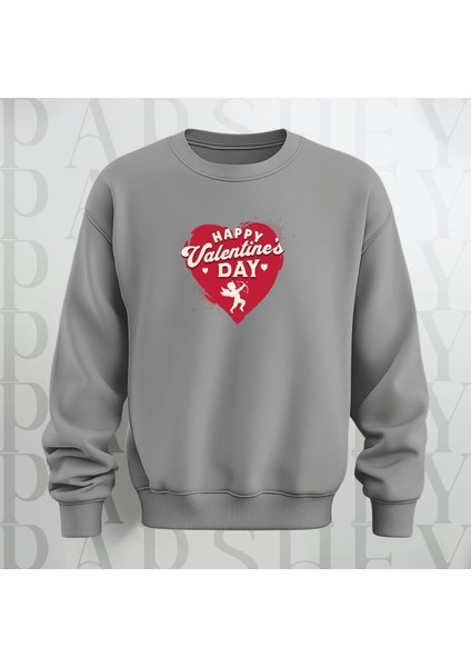 Happy Valentine's Day Kalp Desenli Oversize Bisiklet Yaka Sweatshirt 3 Iplik Şardonlu