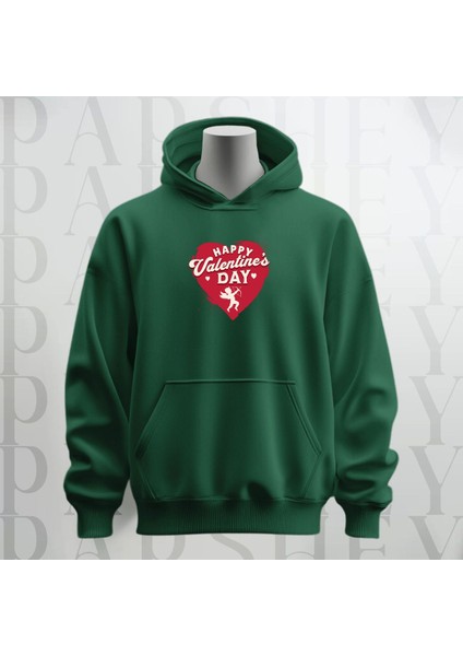 Happy Valentine's Day Kalp Desenli Kapüşonlu Oversize Sweatshirt Hoodie Kalın Kumaş 3 Iplik Şardonlu