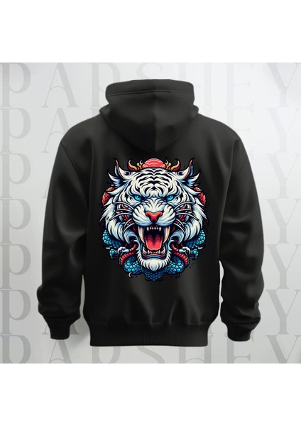 Tiger Büyük Sırt Baskılı Kapüşonlu Sweatshirt Hoodie Kalın Kumaş 3 Iplik Şardonlu