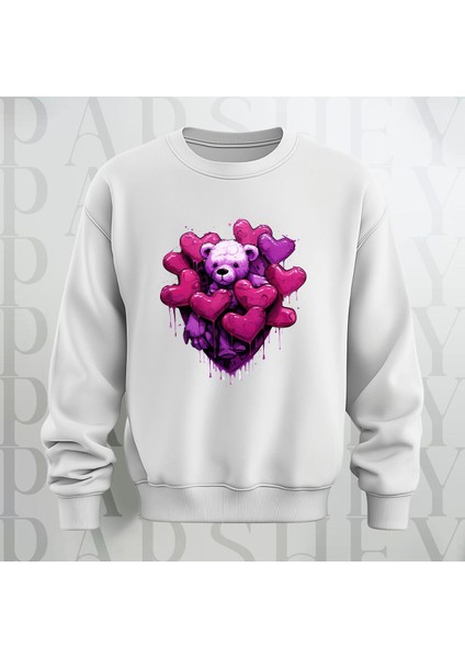 Love Teddy Deseni Baskılı Bisiklet Yaka Oversize Kalıp Sweatshirt 3 Iplik Şardonlu