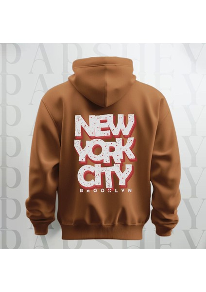 Nyc Brooklyn Baskılı Kapüşonlu Sweatshirt Hoodie Yünlü Kalın Kumaş 3 Iplik Şardonlu