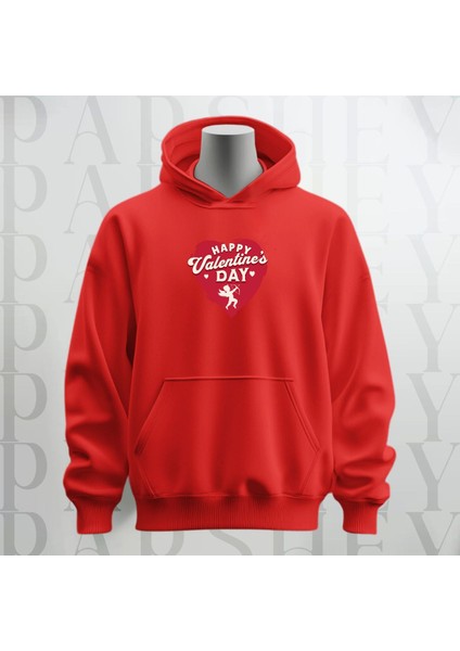 Happy Valentine's Day Kalp Desenli Kapüşonlu Oversize Sweatshirt Hoodie Kalın Kumaş 3 Iplik Şardonlu