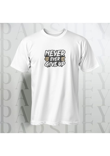 Never Give Up Göğüs Baskılı Yarım Kollu Bisiklet Yaka Pamuk Oversize T-Shirt