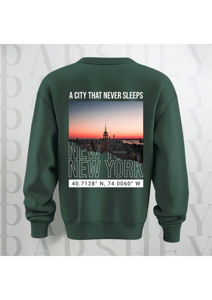 New York Şehir Temalı Sırt Baskılı Oversize Bisiklet Yaka Sweatshirt 3 Iplik Şardonlu