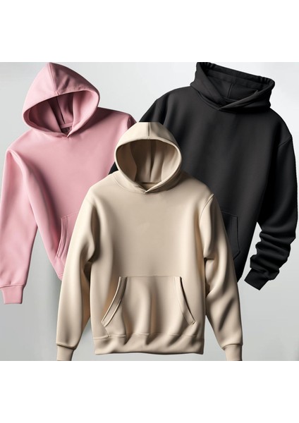 Oversize 3'lü Baskısız Kapüşonlu Sweatshirt Hoodie Kalın Kumaş 3 Iplik Şardonlu