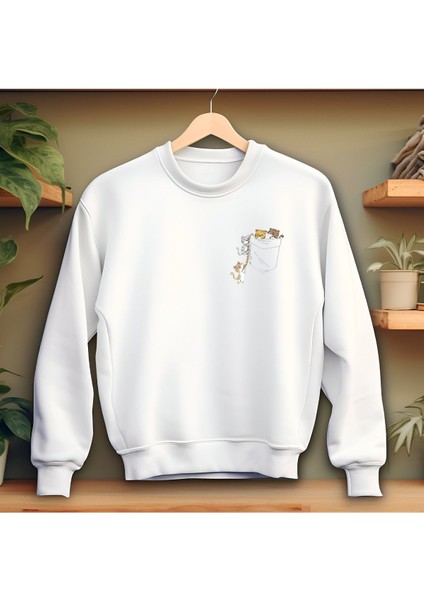 Tatlı Kedicikler Baskılı Bisiklet Yaka Sweatshirt Kalın Kumaş 3 Iplik