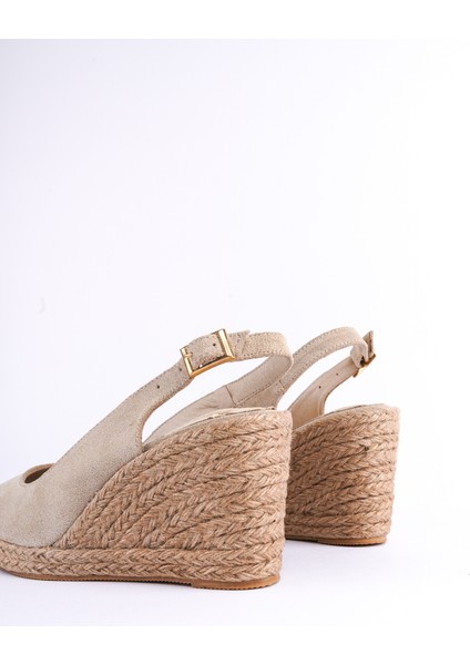Sandy Bej Deri Süet Jüt Detaylı Burnu Açık Kadın Topuklu Sandalet modelleri