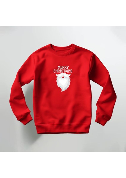 Merry Christmas Baskılı Kırmızı Bisiklet Yaka Sweatshirt Kalın Kumaş 3 Iplik
