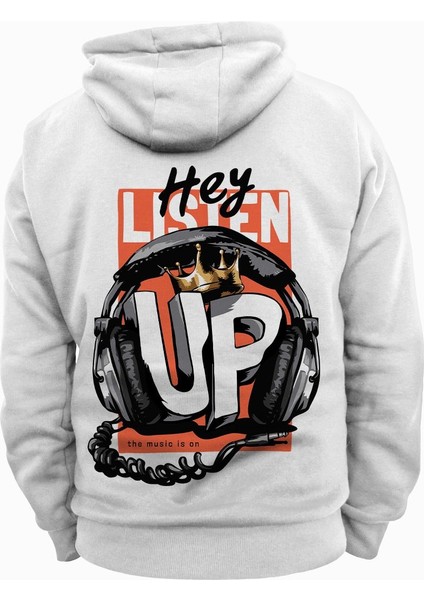 Hey Listen Up Beyaz Kapüşonlu Sweatshirt Kalın Kumaş