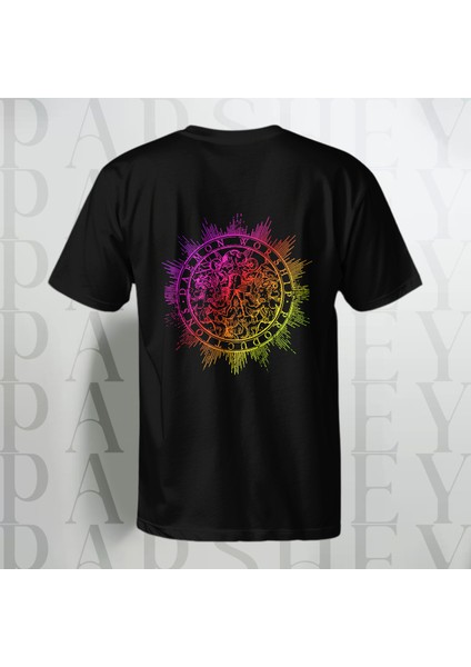Yarım Kollu Bisiklet Yaka Pamuk Rainbow Desenli Siyah Oversize T-Shirt