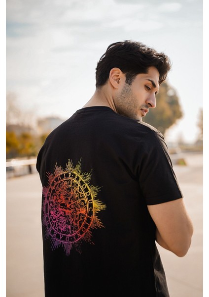 Yarım Kollu Bisiklet Yaka Pamuk Rainbow Desenli Siyah Oversize T-Shirt modelleri