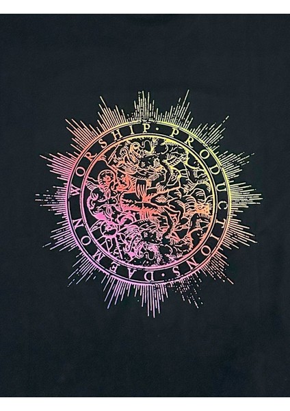 Yarım Kollu Bisiklet Yaka Pamuk Rainbow Desenli Siyah Oversize T-Shirt fırsatları