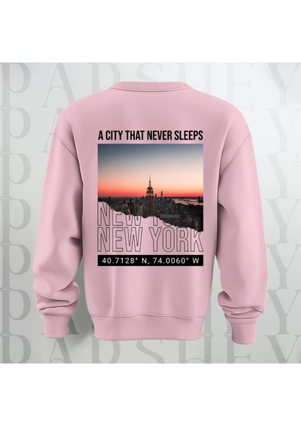 New York Şehir Temalı Sırt Baskılı Oversize Bisiklet Yaka Sweatshirt 3 Iplik Şardonlu