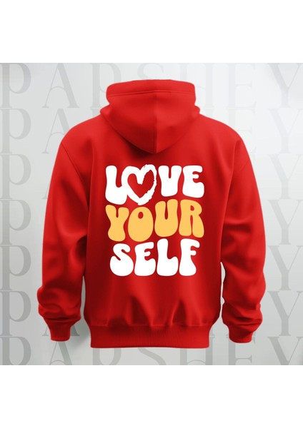 Love Your Self Sırt Baskılı Kapüşonlu Oversize Sweatshirt Hoodie Kalın Kumaş 3 Iplik Şardonlu
