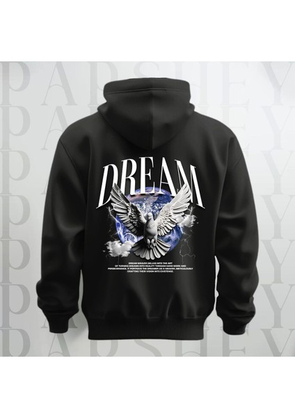 Dream Kanatlı Kuş Sırt Baskılı Kapüşonlu Oversize Sweatshirt Hoodie Kalın Kumaş 3 Iplik Şardonlu
