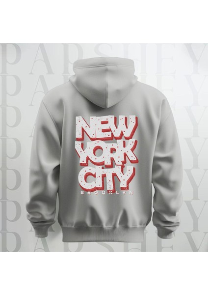 Nyc Brooklyn Baskılı Kapüşonlu Sweatshirt Hoodie Yünlü Kalın Kumaş 3 Iplik Şardonlu