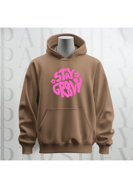Stay Groovy Göğüs Baskılı Kapüşonlu Sweatshirt Hoodie Kalın Kumaş 3 Iplik Şardonlu