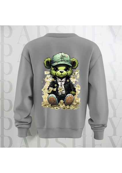 Zengin Teddy Sırt Baskılı Bisiklet Yaka Sweatshirt 3 Iplik Şardonlu Oversize Kalıp