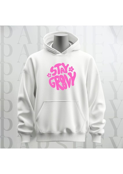 Stay Groovy Göğüs Baskılı Kapüşonlu Sweatshirt Hoodie Kalın Kumaş 3 Iplik Şardonlu