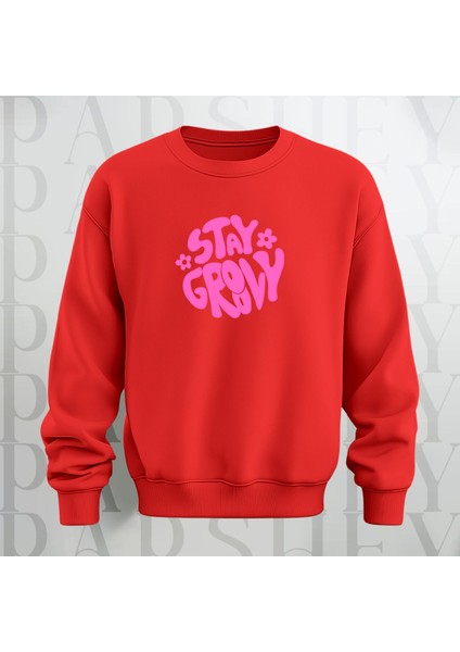 Stay Groovy Göğüs Baskılı Kalın Kumaş 3 Iplik Şardonlu Oversize Bisiklet Yaka Sweatshirt