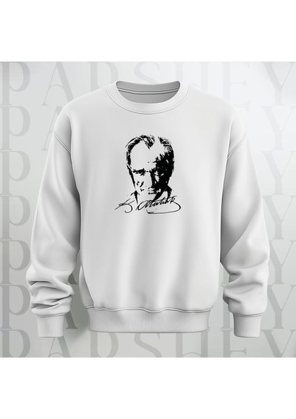 Mustafa Kemal Atatürk Baskılı Beyaz Bisiklet Yaka Sweatshirt Kalın Kumaş 3 Iplik