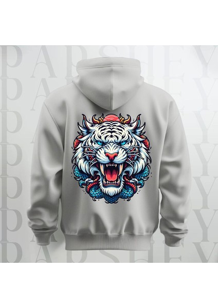 Tiger Büyük Sırt Baskılı Kapüşonlu Sweatshirt Hoodie Kalın Kumaş 3 Iplik Şardonlu