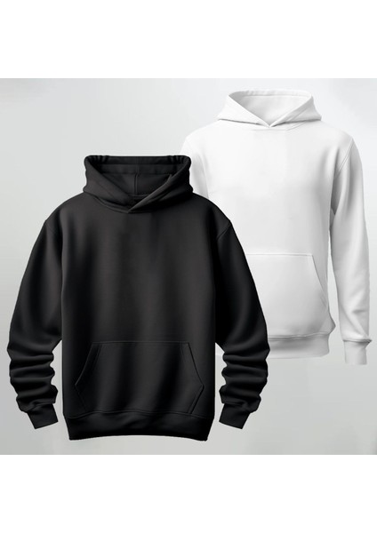 Oversize 2'li Siyah Beyaz Kapüşonlu Sweatshirt Hoodie Kalın Kumaş 3 Iplik Şardonlu