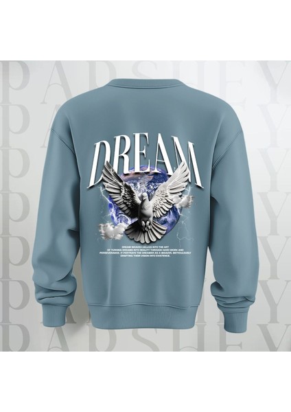 Dream Kuş Desenli Sırt Baskılı 3 Iplik Şardonlu Oversize Bisiklet Yaka Sweatshirt