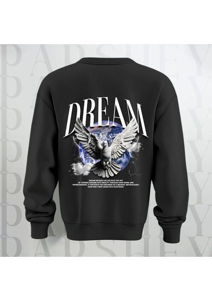 Dream Kuş Desenli Sırt Baskılı 3 Iplik Şardonlu Oversize Bisiklet Yaka Sweatshirt