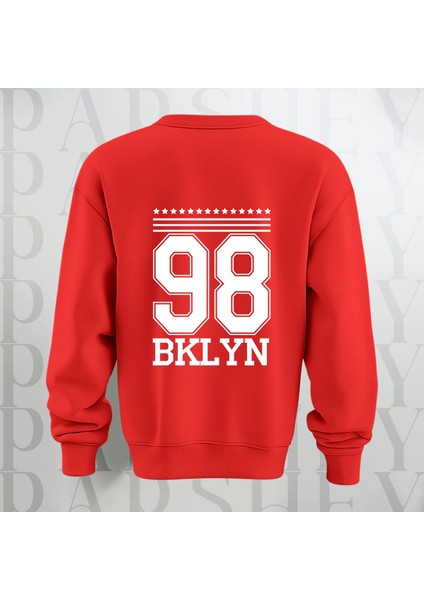 98 Bklyn Yazı Baskılı Bisiklet Yaka Sweatshirt Kalın Kumaş 3 Iplik