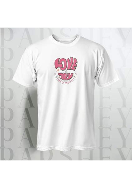 Love Try Baskılı Unisex Yarım Kollu Bisiklet Yaka %100 Pamuk Oversize T-Shirt