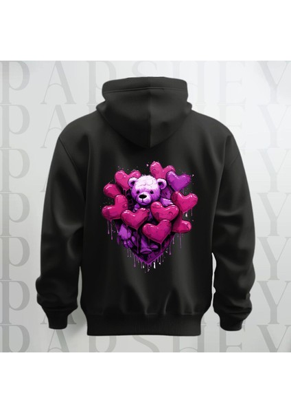 Love Teddy Deseni Baskılı Kapüşonlu Sweatshirt Hoodie Yünlü Kalın Kumaş 3 Iplik Şardonlu