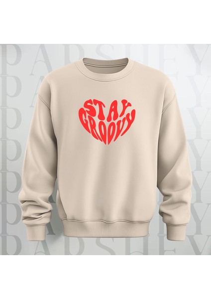 Stay Groovy Kalp Şekilli Baskılı Kalın Kumaş 3 Iplik Oversize Bisiklet Yaka Sweatshirt