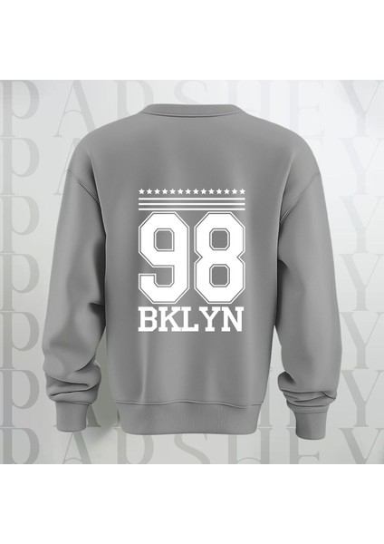98 Bklyn Yazı Baskılı Bisiklet Yaka Sweatshirt Kalın Kumaş 3 Iplik