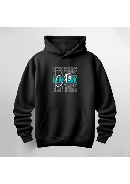 New York City Yazılı Kapüşonlu Sweatshirt Hoodie Kalın Kumaş 3 Iplik Şardonlu