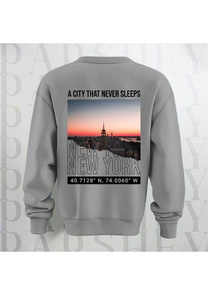 New York Şehir Temalı Sırt Baskılı Oversize Bisiklet Yaka Sweatshirt 3 Iplik Şardonlu