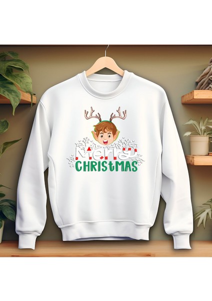 Merry Christmas Beyaz Bisiklet Yaka Sweatshirt Kalın Kumaş 3 Iplik