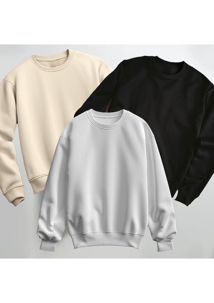 Oversize 3'lü Baskısız Bisiklet Yaka Sweatshirt Kalın Kumaş 3 Iplik