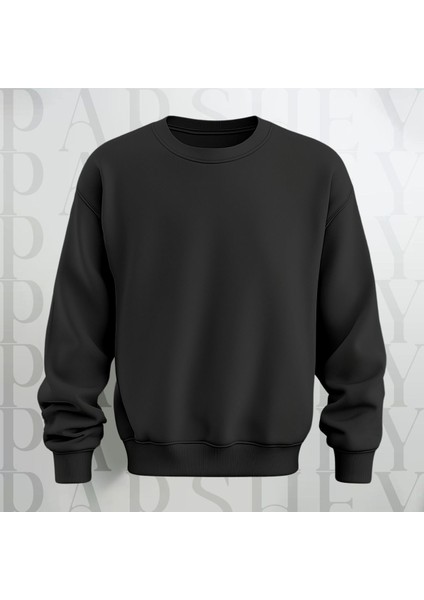 Baskısız Siyah Bisiklet Yaka Sweatshirt Kalın Kumaş 3 Iplik