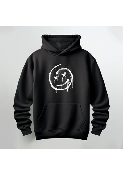 Gülen Surat Baskılı Kapüşonlu Sweatshirt Hoodie Kalın Kumaş 3 Iplik Şardonlu