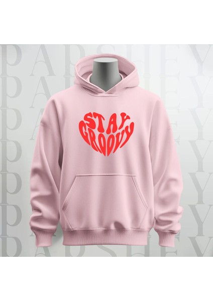 Stay Groovy Kalp Şekilli Baskılı Kapüşonlu Oversize Sweatshirt Hoodie Kalın Kumaş 3 Iplik Şardonlu