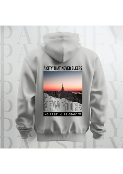 Uyumayan Şehir New York Baskılı Kapüşonlu Oversize Sweatshirt Hoodie Kalın Kumaş 3 Iplik Şardonlu